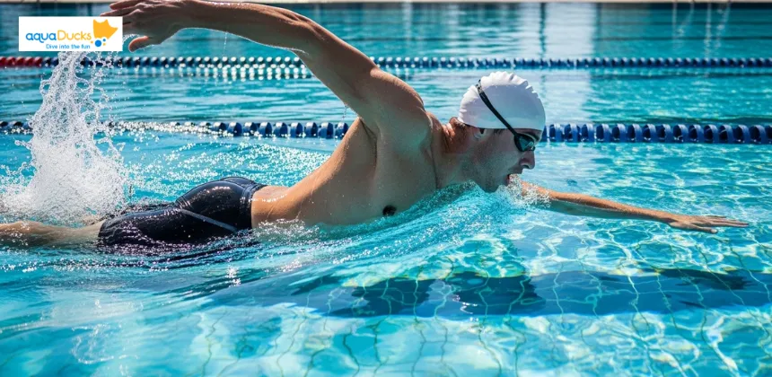 Young athlete practising freestyle stroke in a training pool, refining arm movement, breathing, and posture while learning proper swimming strokes.