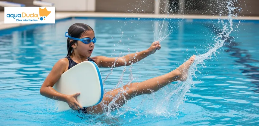An energetic young girl splashing and kicking with a kickboard in a swimming pool to build physical strength.