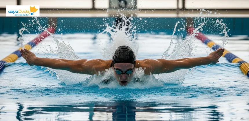 Competitive swimmer performing the butterfly stroke with powerful arm movement in a pool lane.