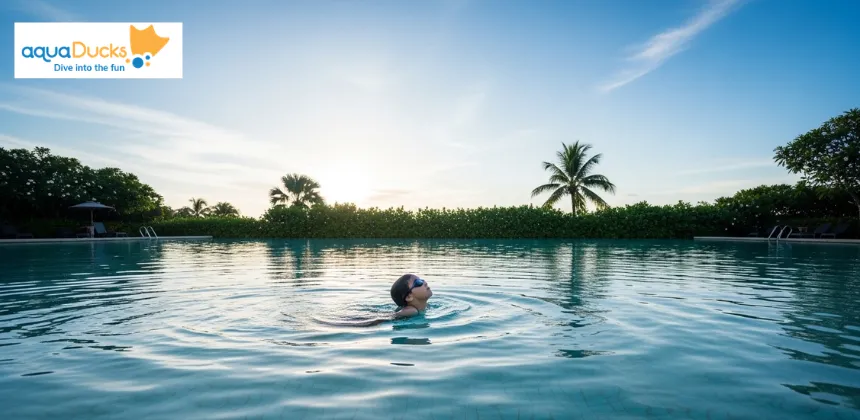 A calm child swimming backstroke in a peaceful outdoor pool under a clear blue sky, enjoying mental relaxation.