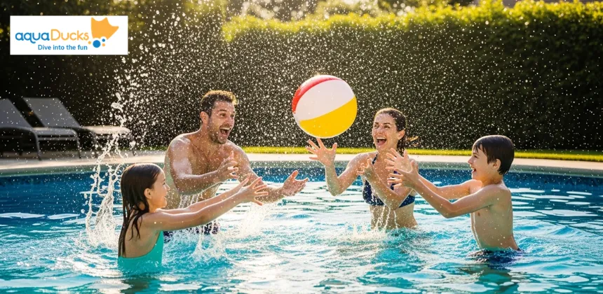 A happy family of four playing a lively game with a bright beach ball in a sunny backyard swimming pool.