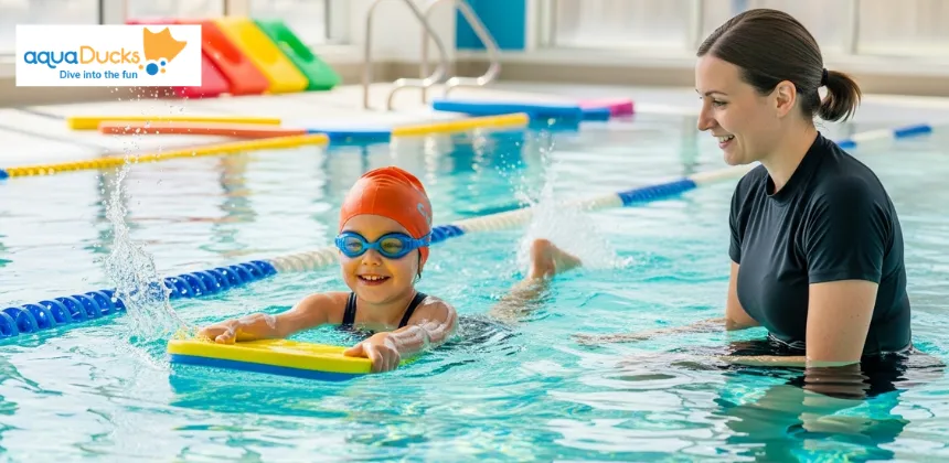 Child practising freestyle swimming with kickboard in pool