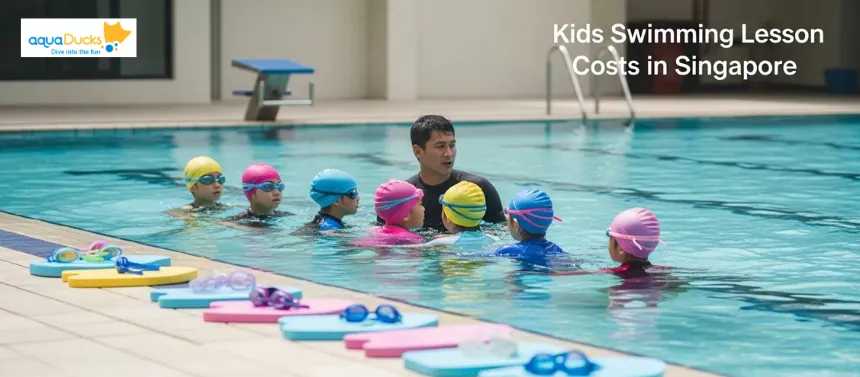 Kids swimming lesson in Singapore with instructor teaching small group of children at a public pool.