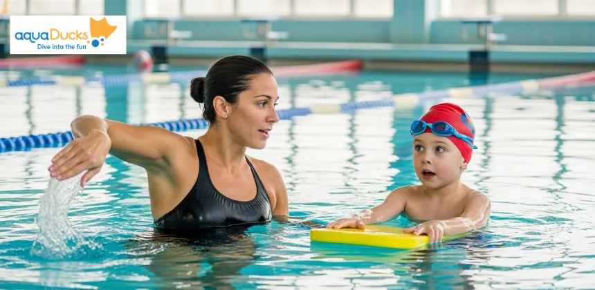A dedicated swimming coach providing one-on-one private instruction to a young child in an indoor pool.