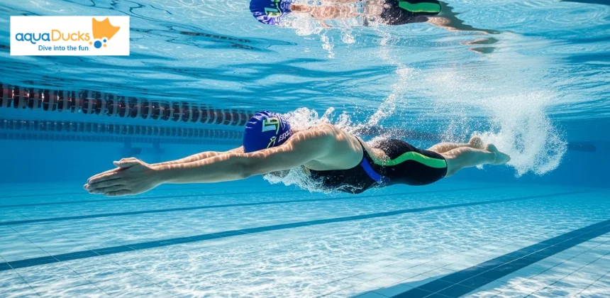 Swimmer in streamlined glide position after breaststroke kick, arms extended forward sliding through water