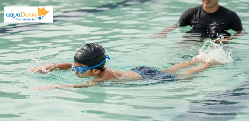 A young swimmer combining kicking and arm movements to practice freestyle swimming under the guidance of a coach during a beginner lesson.