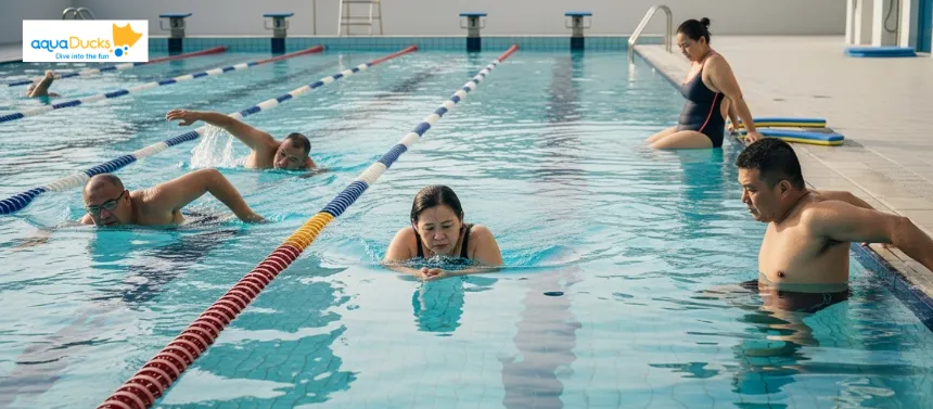 A group of people practicing water exercises to see Does Swimming Help Lose Weight realistically.