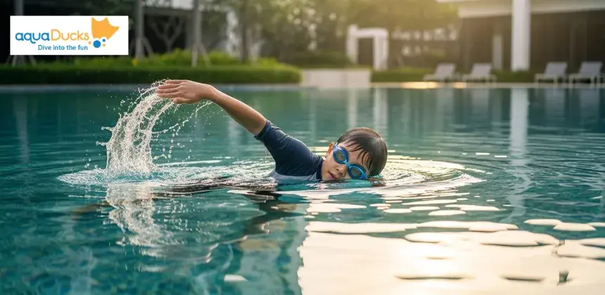 An children beginner practicing basic arm movements and swimming strokes in shallow water to improve coordination and technique.