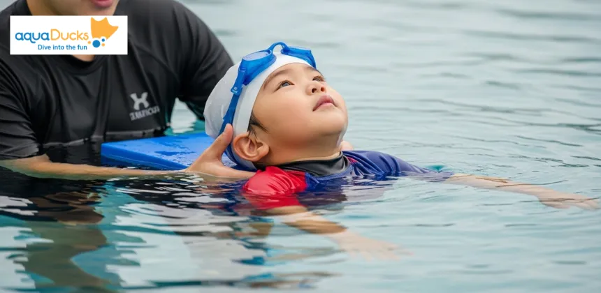 A professional instructor supporting a child's head and back to help them learn swimming by practicing the back float technique in a pool.