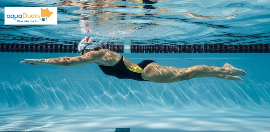 Swimmer maintaining horizontal body position with hips high and neutral head alignment