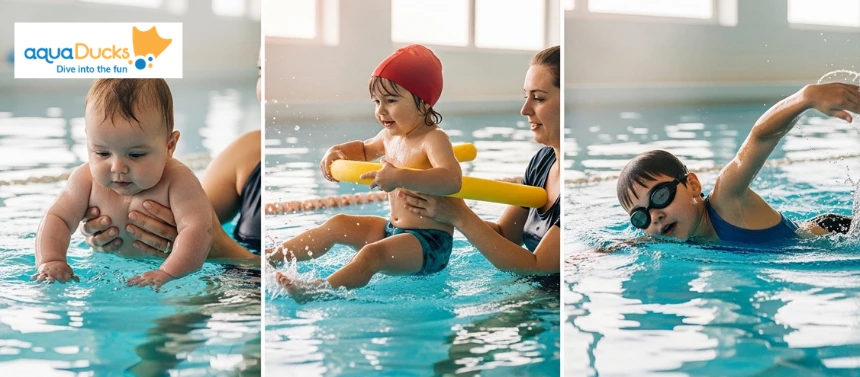 Three stages of swimming lessons showing baby with parent, toddler with pool noodle, and child swimming freestyle in Singapore indoor pool