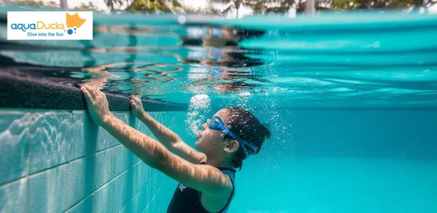 A beginner practicing proper breathing techniques by blowing bubbles in the water while holding the pool edge during a swimming training session.