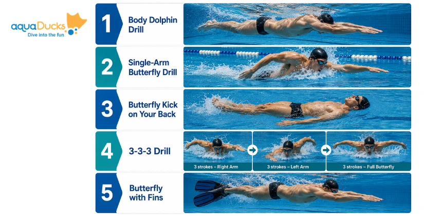 Butterfly stroke drills infographic showing five exercises: body dolphin drill, single-arm drill, kick on back, 3-3-3 drill, and butterfly with fins