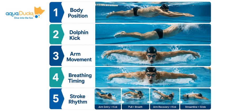 Butterfly swimming technique infographic showing five steps: body position, dolphin kick, arm movement, breathing timing, and stroke rhythm