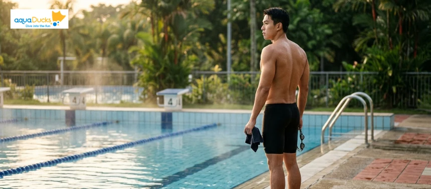 A fit man standing by an outdoor lap pool in Singapore showcasing how swimming builds muscle.