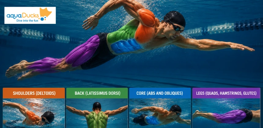 An anatomical highlighting which muscles does swimming work including shoulders back core and legs with professional swim training programs