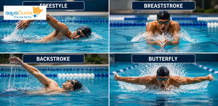 A grid showing different strokes to explain which swimming stroke builds the most muscle and answer does swimming build muscle with expert training.
