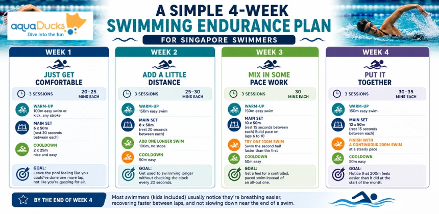 AquaDucks 4-week swimming endurance plan infographic showing weekly training sessions and goals for Singapore swimmers
