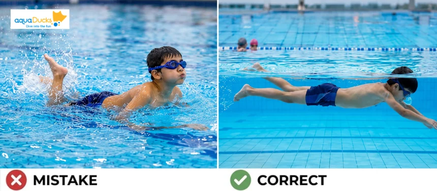 A young boy comparing common swimming mistakes kids make against correct body posture and head alignment in the pool