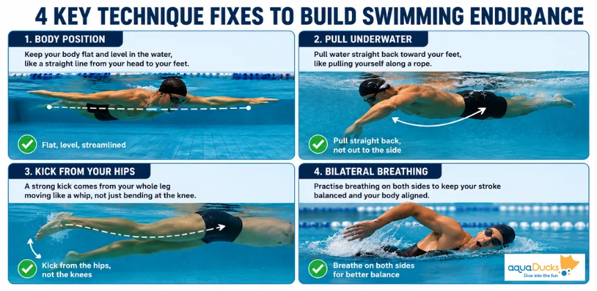 Infographic showing 4 key swimming technique fixes to build swimming endurance including body position, pull, kick and breathing