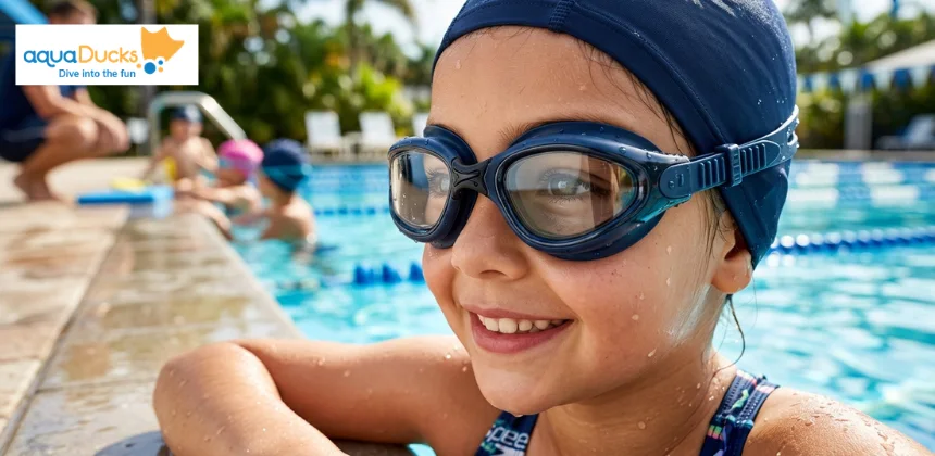 A smiling young girl wearing a dark blue swim cap and clear swimming goggles while resting at the edge of an outdoor pool