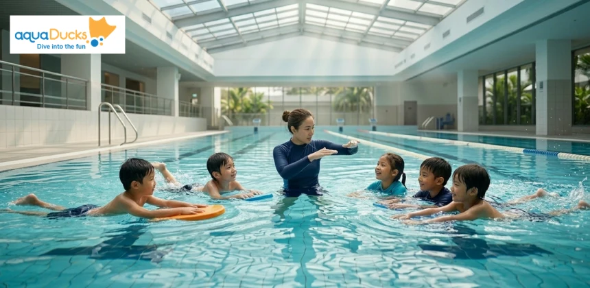 Group swimming lessons with instructor and kids using kickboards at an indoor pool.