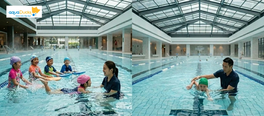 Group vs Private Swimming Lessons for Kids in Singapore indoor pools showing both group class and one on one coaching sessions