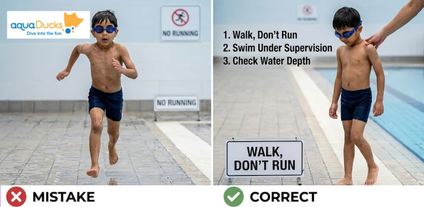 A young swimmer following essential pool safety rules like walking instead of running to prevent accidents
