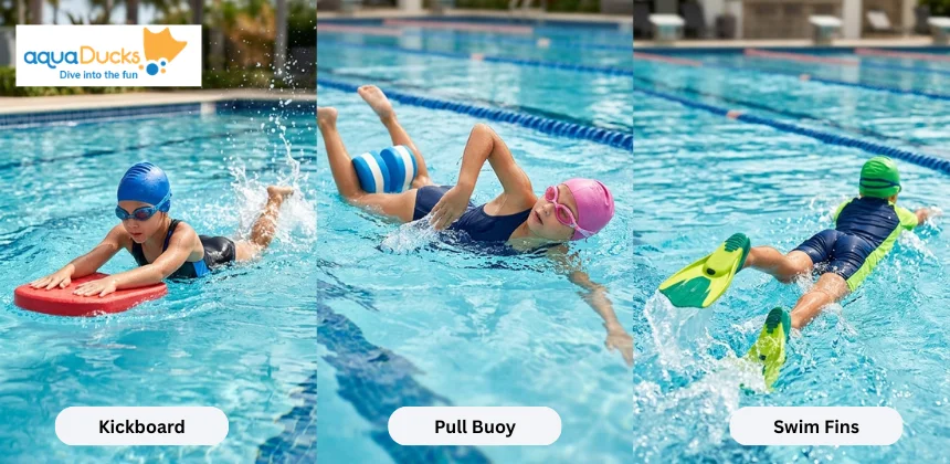 Kids practicing in a swimming pool using essential learning aids including a kickboard, a pull buoy, and training swim fins