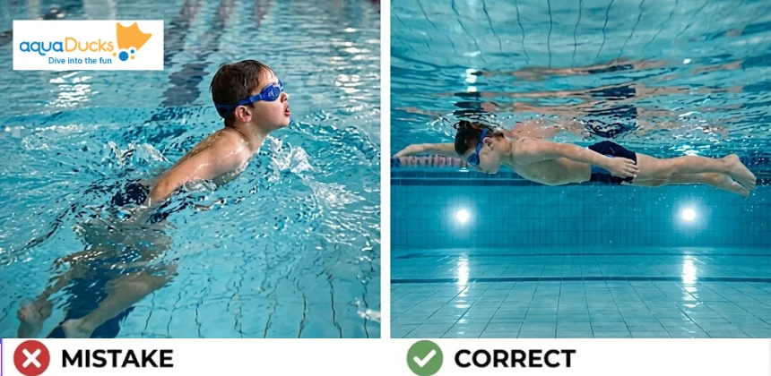 A young swimmer maintaining a straight body position by looking down at the pool floor instead of lifting their head
