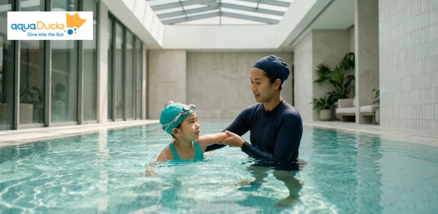 Private swimming classes in Singapore with a coach guiding a young child in a condo pool.