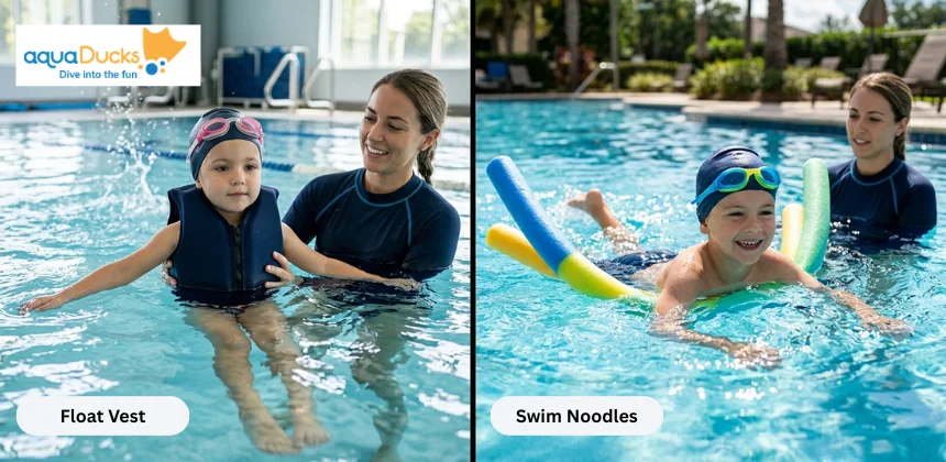 A young girl using a float vest and a boy practicing with colorful swim noodles during kids swimming lessons in a pool