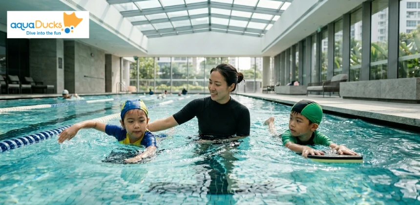 Semi-private swimming lessons in Singapore with a coach training two kids using kickboards.