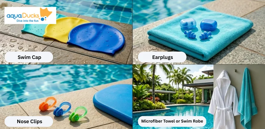 A collection of essential swim accessories displaying colorful swim caps, earplugs, nose clips, a microfiber towel, and a swim robe