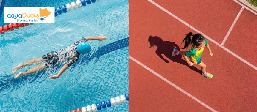 A child swimming in a pool and a girl running on a track, comparing swimming vs running for kids to find the best sport in Singapore