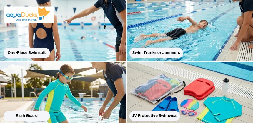 Examples of proper kids swimwear including a one-piece swimsuit, swim jammers, a rash guard, and UV protective swim gear by a pool