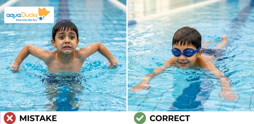 A happy child staying relaxed while swimming to improve their body position and movement in the pool