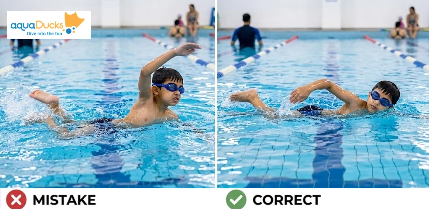 A young swimmer learning to coordinate arm and leg movements for a smoother and more efficient swimming stroke