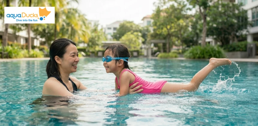 A parent supporting their child as they kick and move forward through the water to build confidence and develop swimming skills.