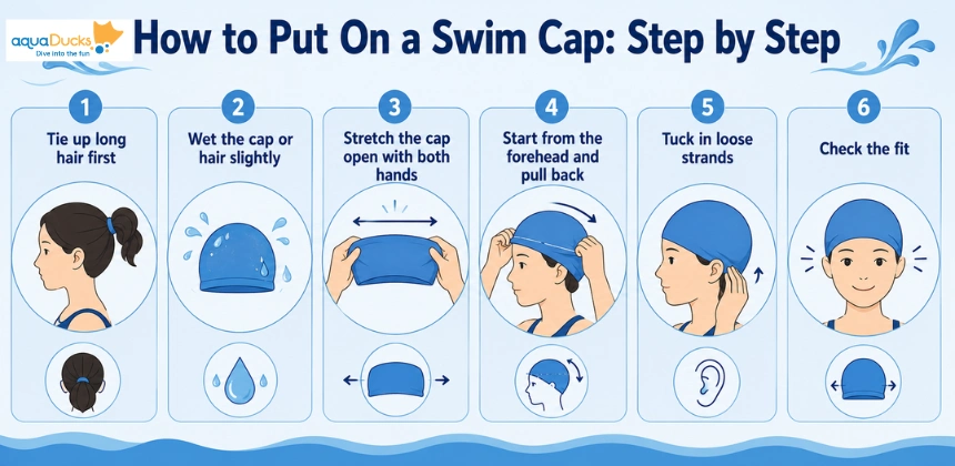 Infographic illustration showcasing a 6-step beginner guide on how to wear a swimming cap properly for long hair.