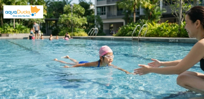 A child swimming toward their parent, showing how to teach a child to swim by combining floating, kicking, and arm movements.