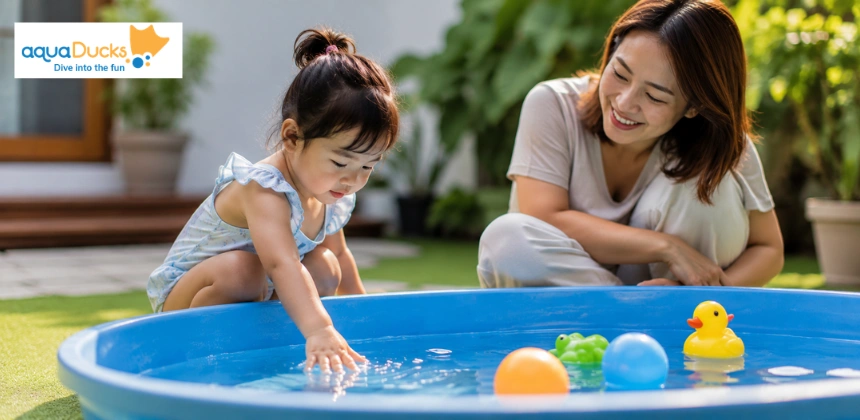 A child playing in a small pool to help your child overcome their fear of water and help your child feel safe in water.