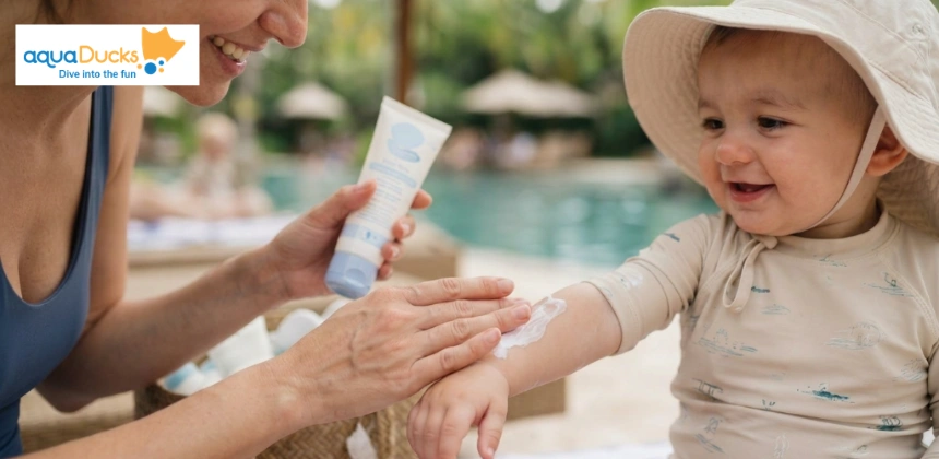 A parent applies water-resistant baby sunscreen to their child’s arm before heading to an outdoor swimming lesson.