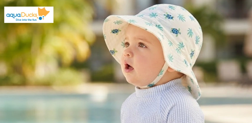 A cute baby wearing a lightweight swim hat with a turtle pattern to protect against the sun during outdoor swimming classes.