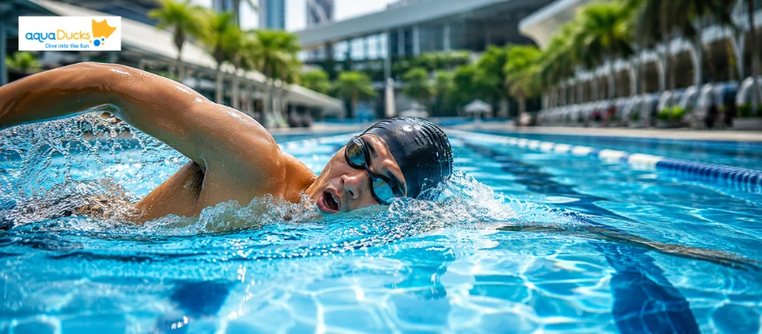 Swimmer using an efficient swimming breathing technique to stay calm and confident while training in a lap pool