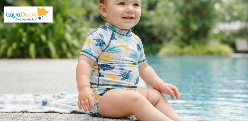 A happy baby wearing a colorful patterned rash guard sits by a swimming pool ready for their baby swim class