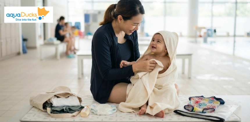 A parent wraps their smiling baby in a soft towel after a swimming lesson, having a fresh change of clothes ready nearby.