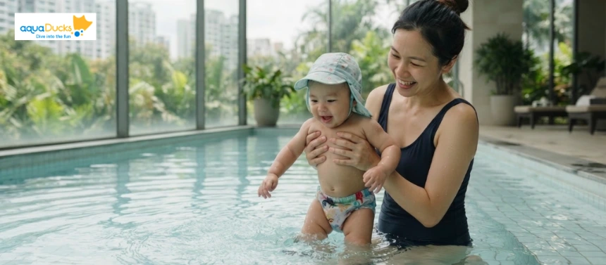When baby can swim in the pool: mother holding smiling baby in sun hat and swim diaper, standing together in indoor pool"