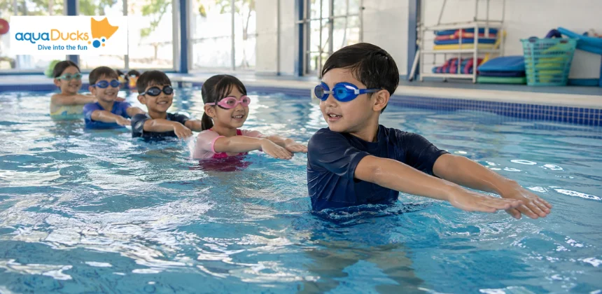 Children playing Follow the Leader among other swimming games, trying engaging games to play in swimming pool sessions.