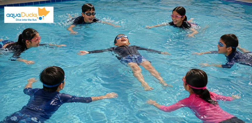 Kids playing Hungry Whale among other swimming games for kids, enjoying lively swimming pool water games with friends.